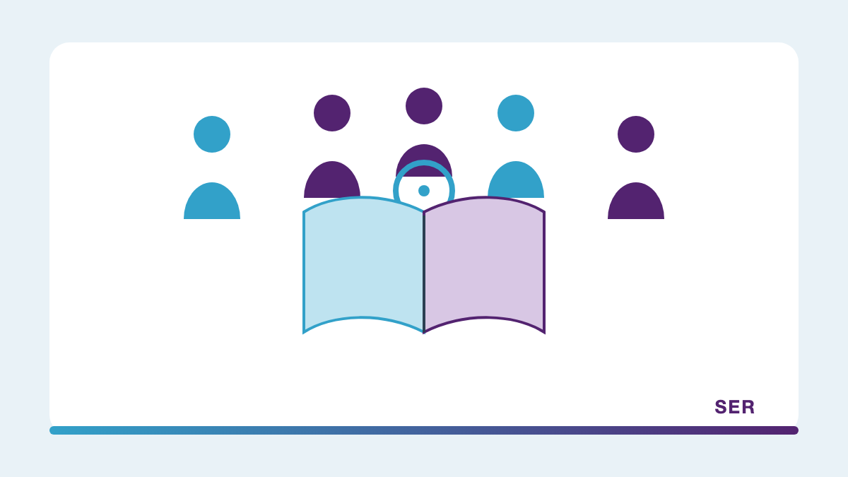 Ilustración: grupo diverso de estudiantes alrededor de un libro abierto