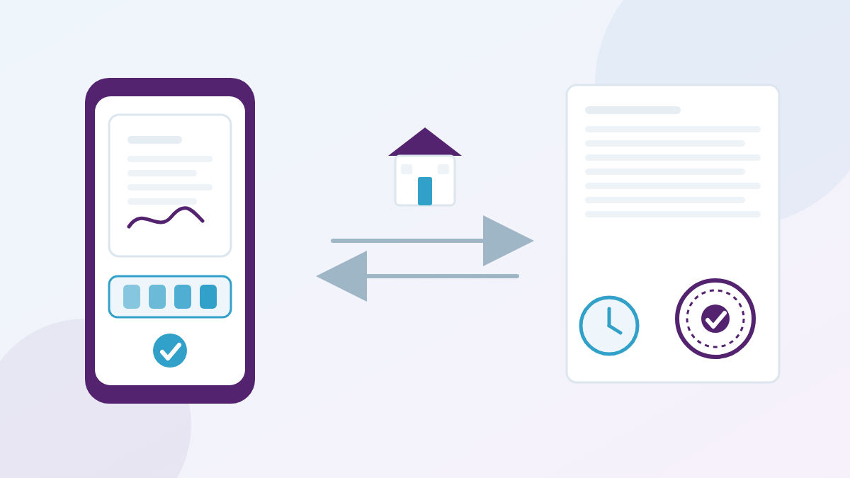 Ilustración sobre la firma electrónica en el colegio: un documento firmado desde el celular con verificación por código frente a un documento con sello de certificado y estampa de tiempo