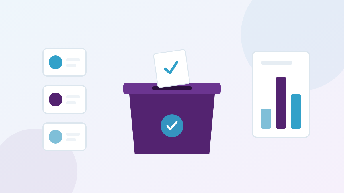 Ilustración sobre las elecciones escolares: una urna con un voto entrando, tarjetas de candidatos y un gráfico de resultados