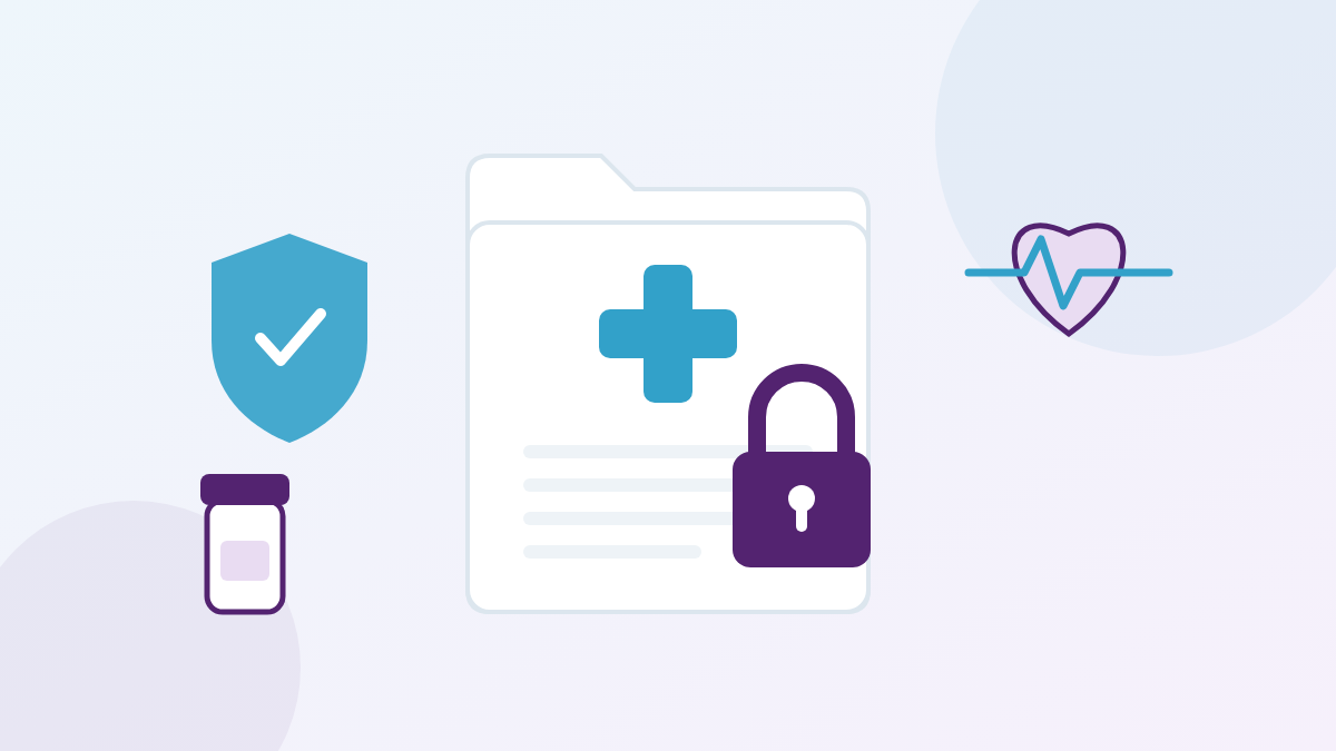 Ilustración sobre la ficha de salud escolar: una carpeta con una cruz de salud protegida por un candado y un escudo